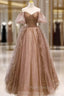 Coffee Tulle Sequins Puff Sleeve Beading Formal Prom Dresses