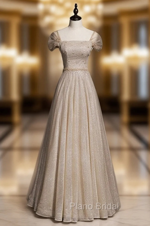 Coffee Tulle Sequins Square Beading Formal Prom Dresses