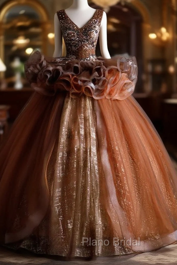 Coffee Tulle Sequins V-neck Beading Quinceanera Dresses Main image