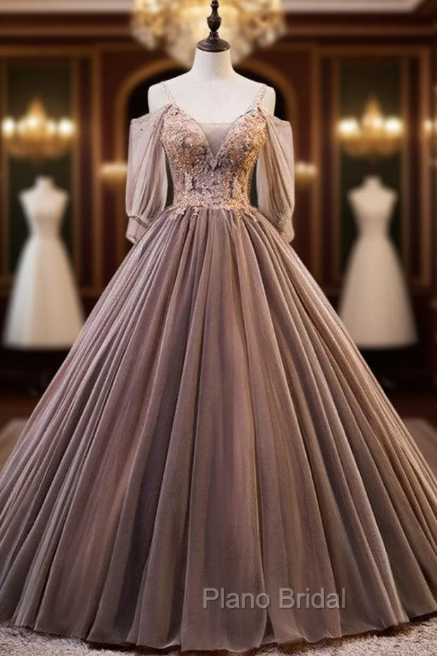 Coffee Tulle Spaghetti Straps Beading Quinceanera Dresses Main image