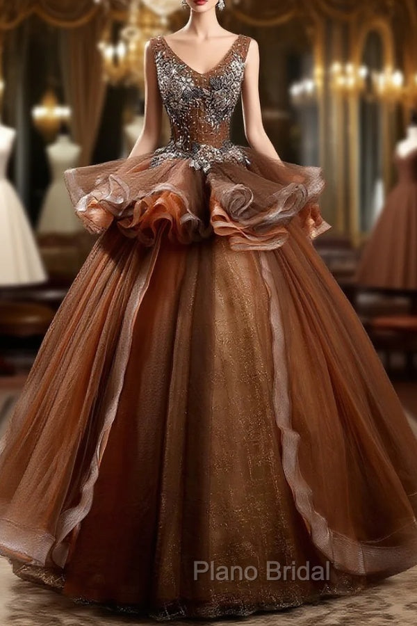 Coffee Tulle V-neck Beading Sequins Quinceanera Dresses Main image