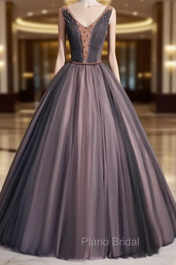Coffee Tulle V-nek Pleats Beading Pleats Quinceanera Dresses Main image
