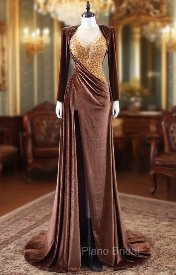 Coffee Velvet Long Sleeve Beading Formal Prom Dresses Main image