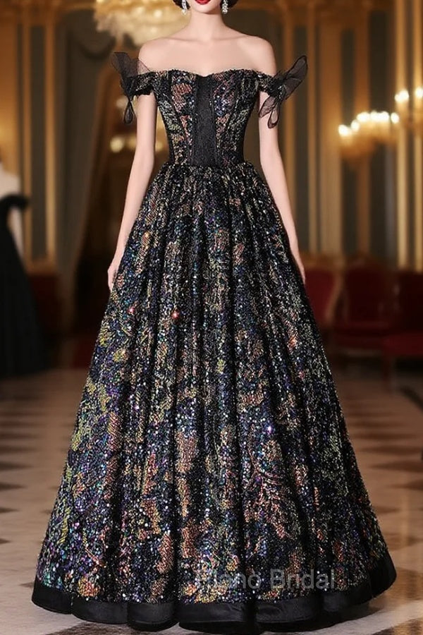 Colorful Black Sequins Off the Shoulder Formal Prom Dresses Main image