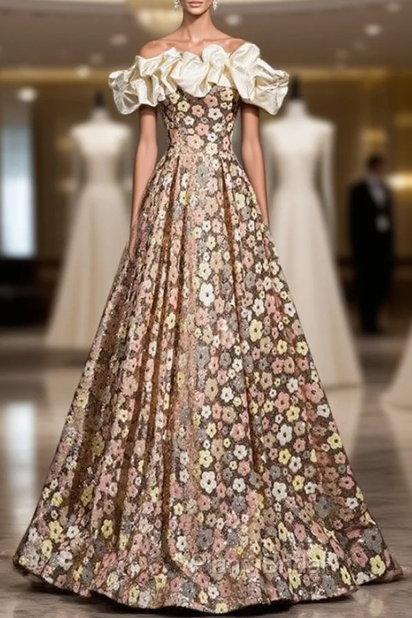 Colorful Flower Sequins Off the Shoulder Formal Prom Dresses