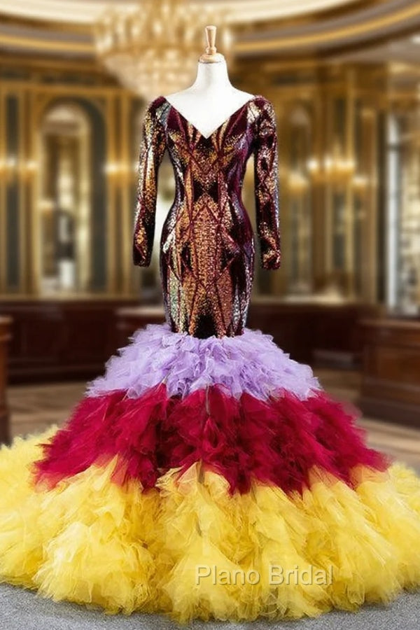 Colorful Mermaid Sequins Tulle Long Sleeve V-neck Formal Prom Dresses Main image
