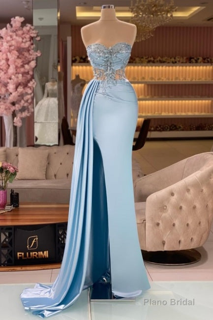 Column Slit Front Long Sweetheart Strapless Sleeveless Sky Blue Ruffle Stain Evening Dress with Beadings Main image