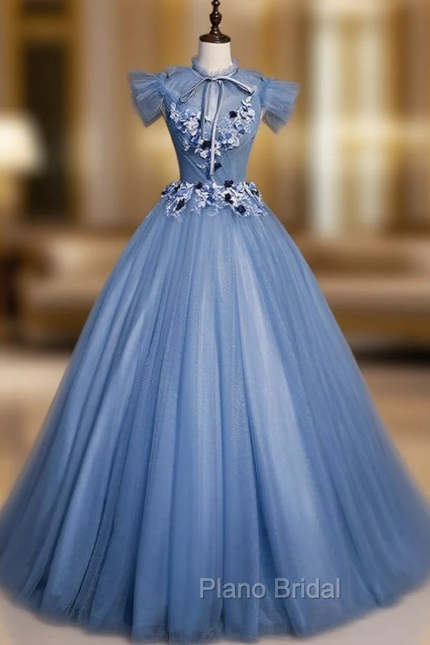 Come In All Styles And Colors Blue Ball Gown Tulle Backless Pleats Appliques Quinceanera Dresses Main image