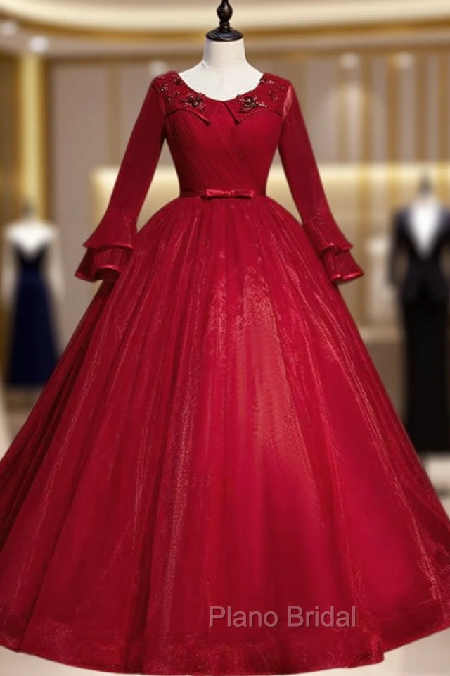 Come In All Styles And Colors Burgund Ball Gown Tulle Long Sleeve Appliques Quinceanera Dresses Main image