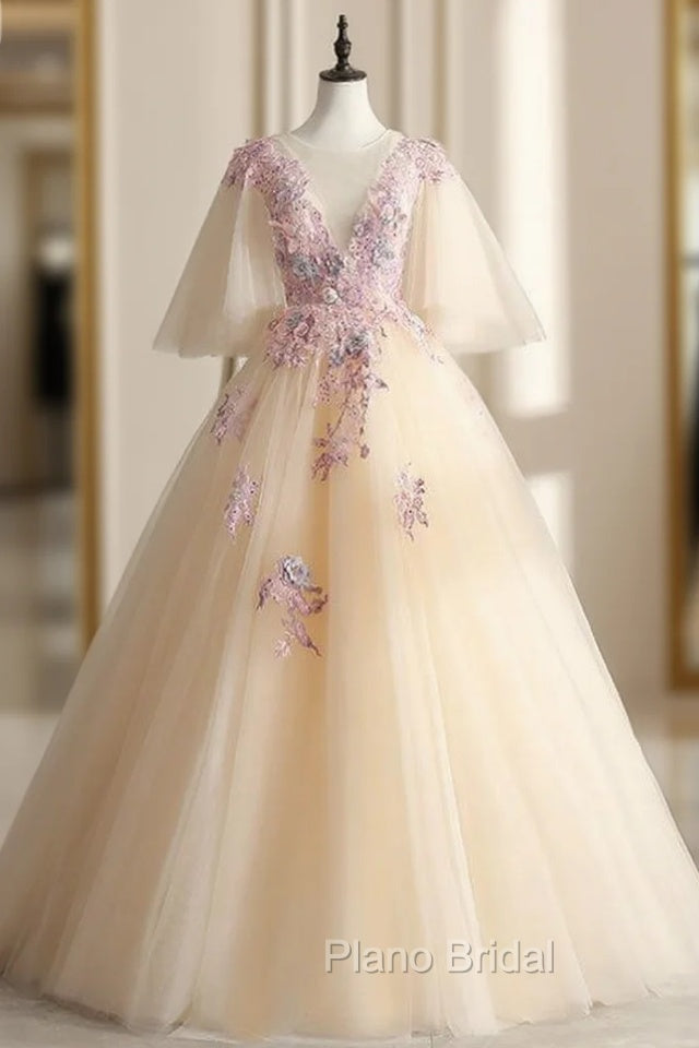 Come In All Styles And Colors Champagne Ball Gown Tulle Appliques See Through V-neck Quinceanera Dresses Main image