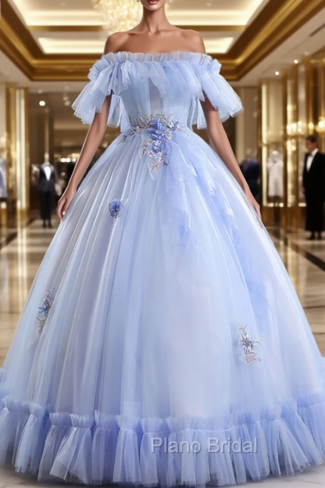 Come In All Styles And Colors Light Blue Ball Gown Tulle Strapless Appliques Quinceanera Dresses Main image