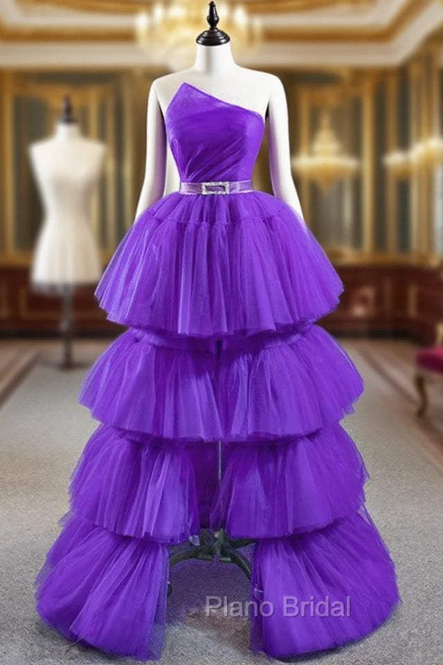 Come In All Styles And Colors Purple Ball Gown Strapless Pleats Tiers Formal Prom Dresses With Belt Main image