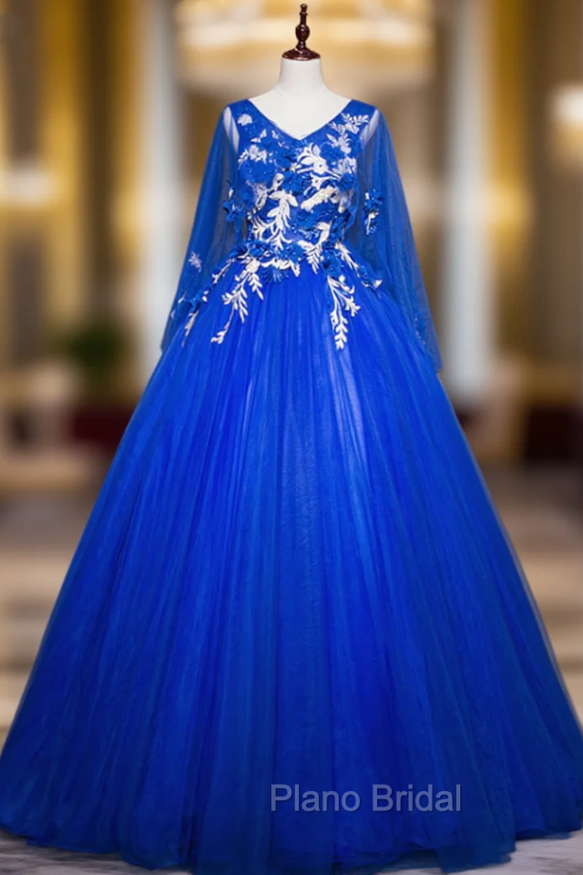 Come In All Styles And Colors Royal Blue Ball Gown Tulle V-neck Appliques Quinceanera Dresses Main image