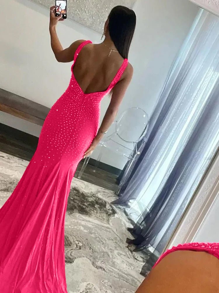 Coral Pink Mermaid Deep V-Neck Beaded Satin Long Prom Dress