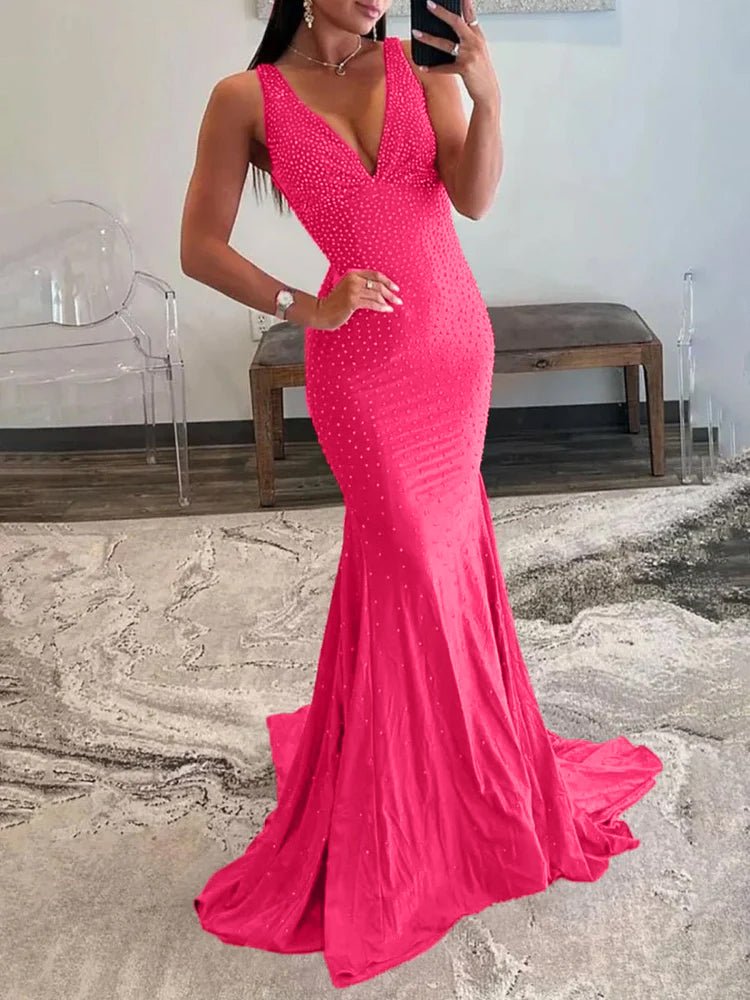 Coral Pink Mermaid Deep V-Neck Beaded Satin Long Prom Dress