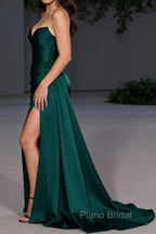 Corset Strapless Dark Green Mermaid Long Prom Dress With Slit