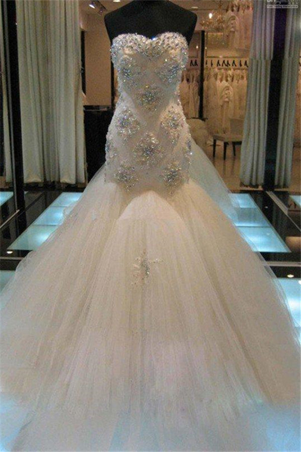 Court Train Mermaid Beading Sleeveless Tulle Sweetheart Wedding Dresses Main image