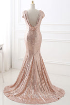 COURTNEY Fit and Flare Sweep train Sequined Rosy Golden Formal Prom Party Gowns