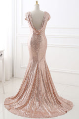 COURTNEY Fit and Flare Sweep train Sequined Rosy Golden Prom Party Gowns