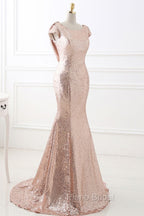COURTNEY Fit and Flare Sweep train Sequined Rosy Golden Formal Prom Party Gowns