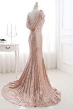 COURTNEY Fit and Flare Sweep train Sequined Rosy Golden Formal Prom Party Gowns