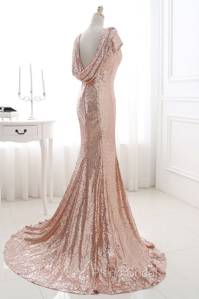 COURTNEY Fit and Flare Sweep train Sequined Rosy Golden Formal Prom Party Gowns