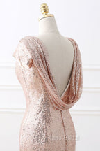COURTNEY Fit and Flare Sweep train Sequined Rosy Golden Formal Prom Party Gowns