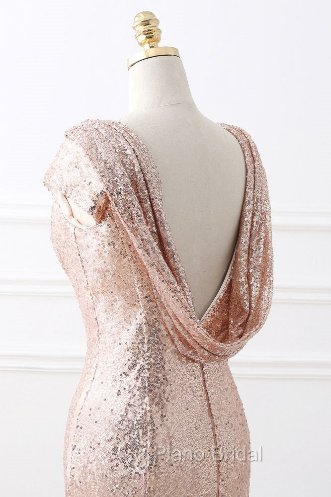 COURTNEY Fit and Flare Sweep train Sequined Rosy Golden Formal Prom Party Gowns