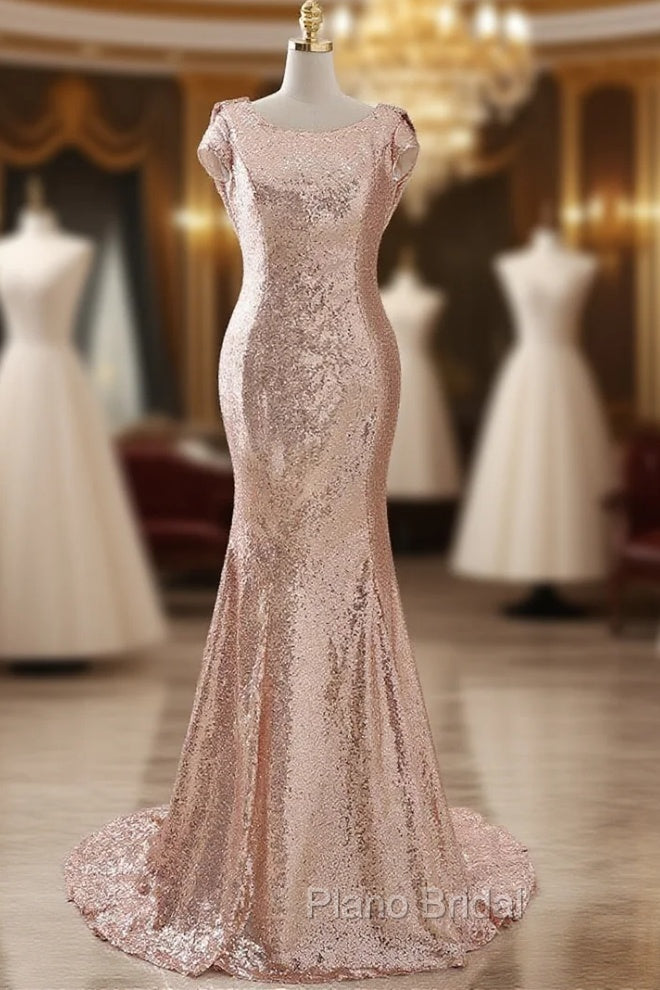 COURTNEY Fit and Flare Sweep train Sequined Rosy Golden Formal Prom Pa ...
