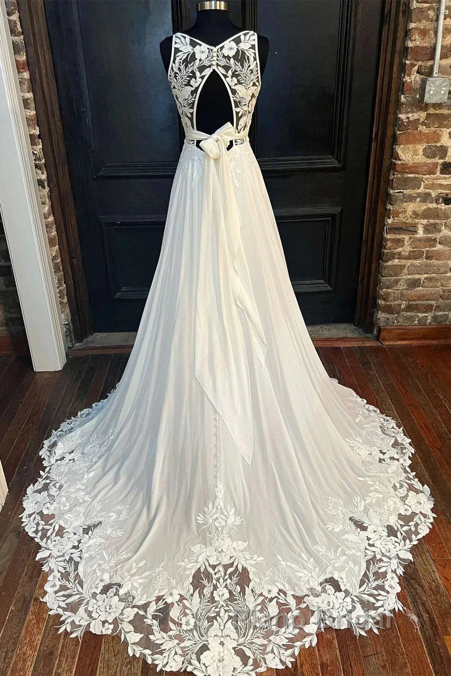 Cowl Neck Cutout Back Lace-Trimmed Long Wedding Dresses
