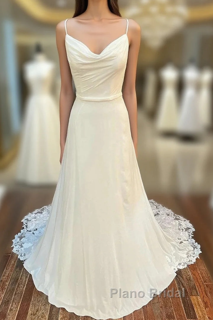 Cowl Neck Cutout Back Lace-Trimmed Long Wedding Dresses