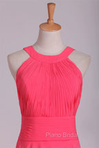 Crew Neck Watermelon Chiffon Long Bridesmaid Dresses