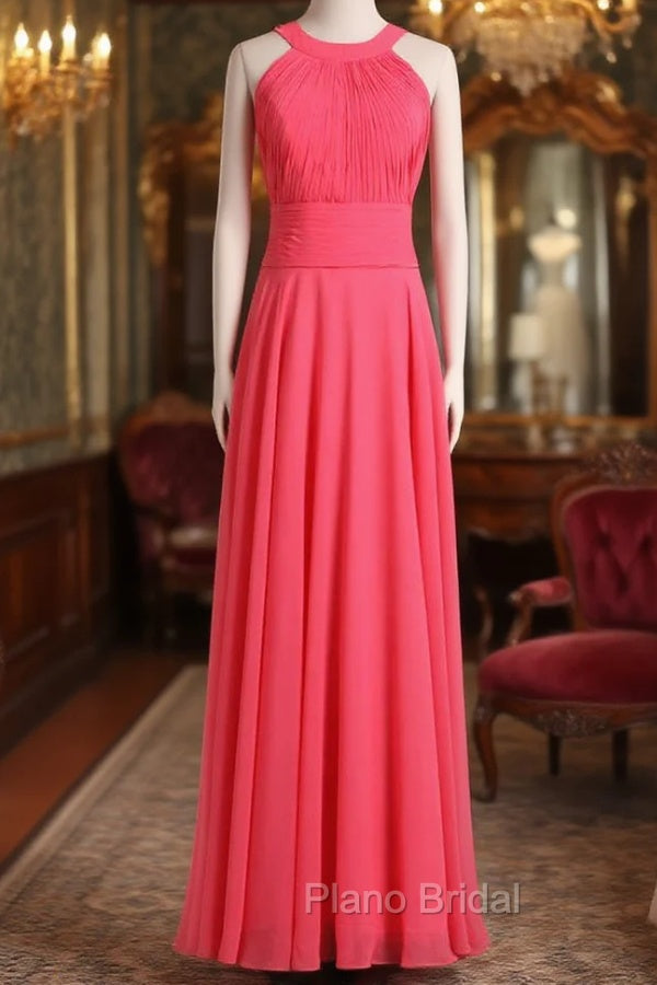 Crew Neck Watermelon Chiffon Long Bridesmaid Dresses