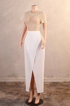 Crew Sheath Formal Prom Dresses Ankle-Length Zipper Beads Split Side Short Sleeve Evening Dresses