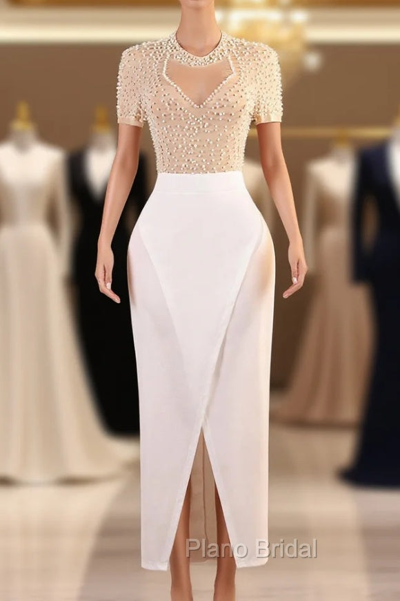 Crew Sheath Formal Prom Dresses Ankle-Length Zipper Beads Split Side Short Sleeve Evening Dresses