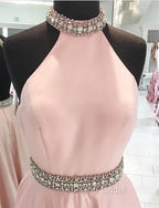 Crystal Beaded High Neck Short Pink Satin Homecoming Dresses