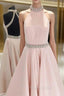 Crystal Beaded High Neck Short Pink Satin Homecoming Dresses