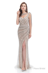 Crystal Beaded Mermaid High Slit Long Prom Dresses