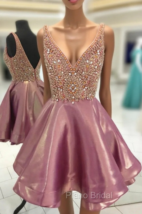 Crystal Beaded V Neck Satin Homecoming Dresses Short Formal Prom Gowns Main image