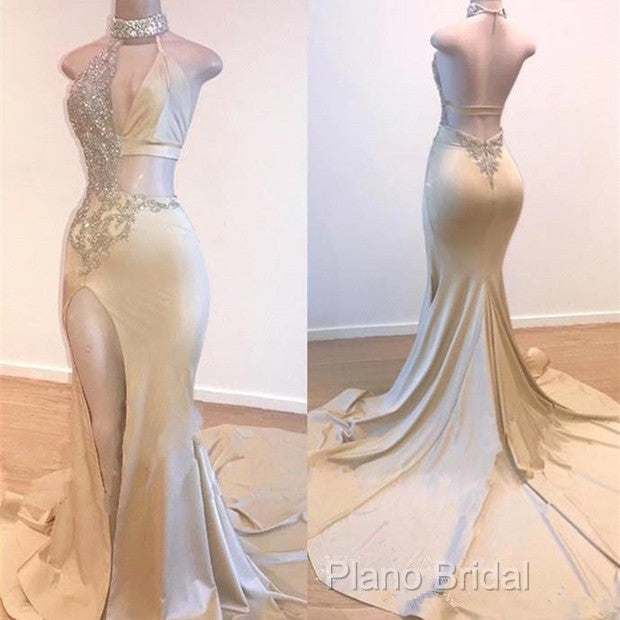 Crystal Halter Side Slit Formal Prom Dresses A-Line Backless Sleeveless Formal Dresses Secondary image