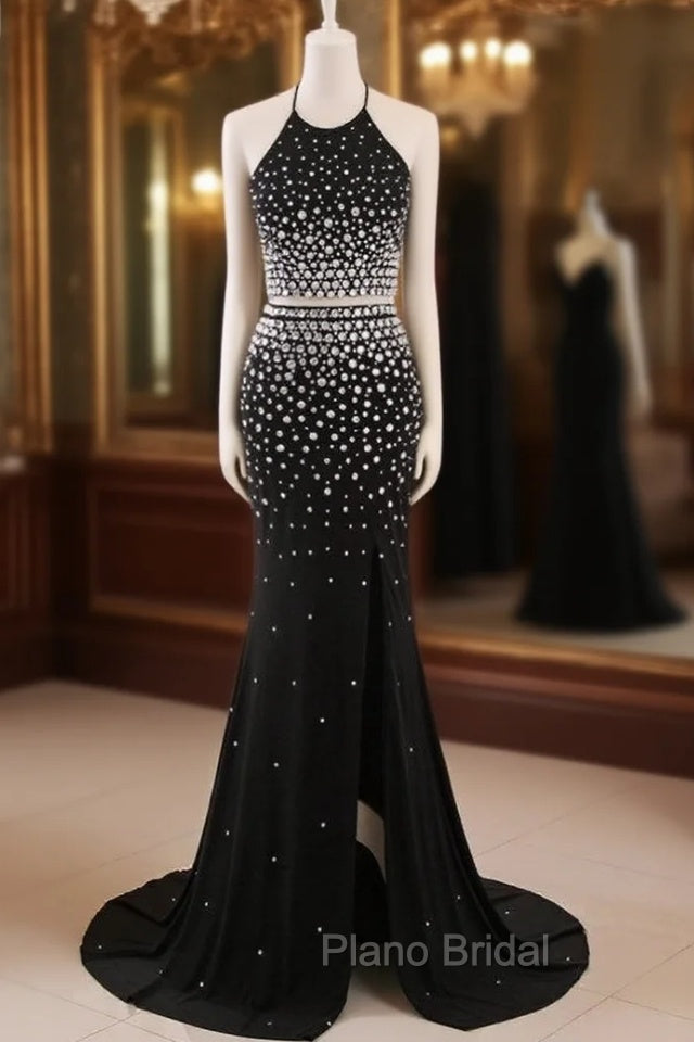 Crystal Mermaid Black Mermaid Formal Prom Dresses Sexy Backless Halter Main image