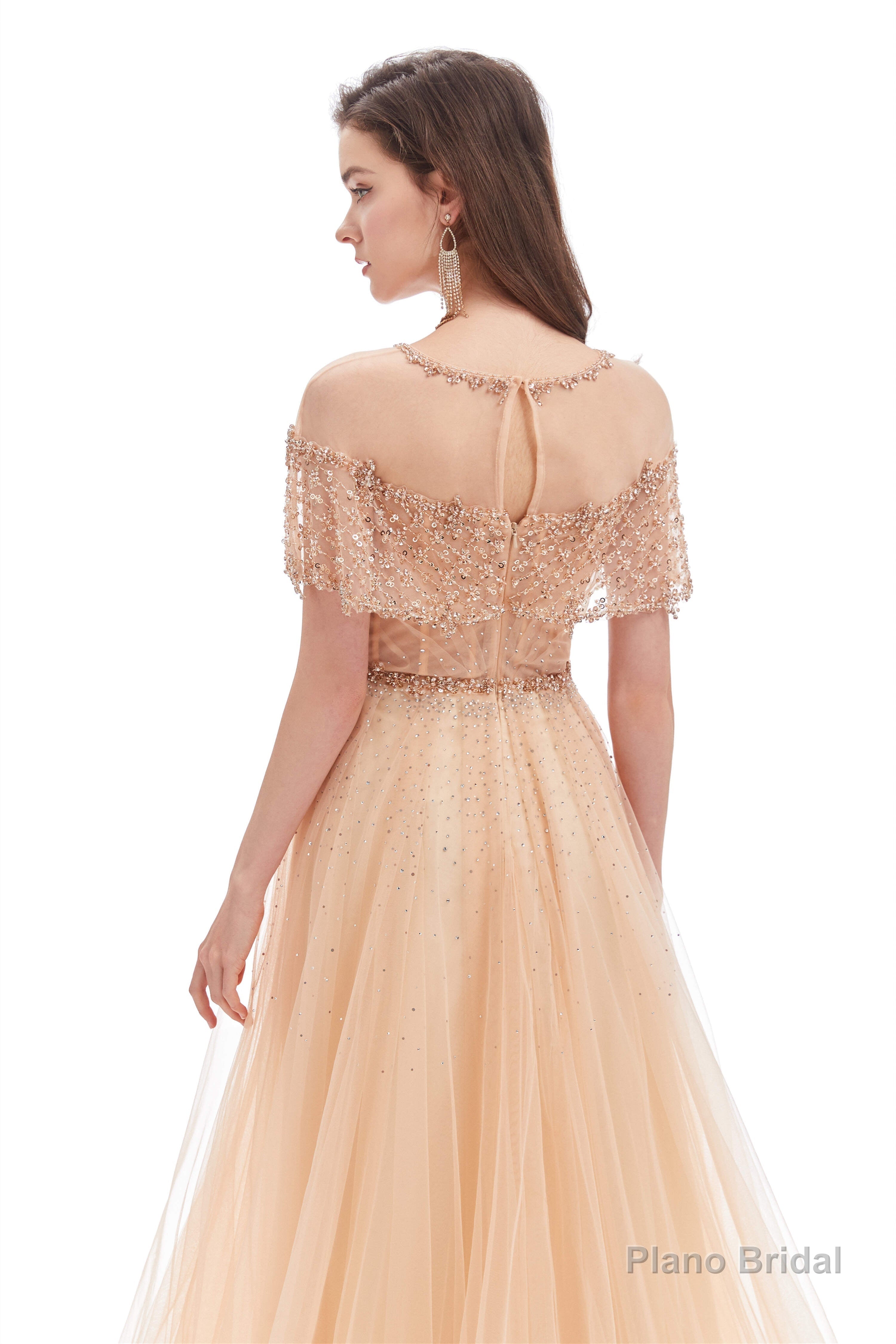 Crystal O-Neck Sleeveless A Line Tulle Prom Dresses