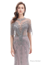 Crystal Tassel Mermaid O Neck Short Sleeves Prom Dresses