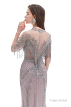 Crystal Tassel Mermaid O Neck Short Sleeves Prom Dresses