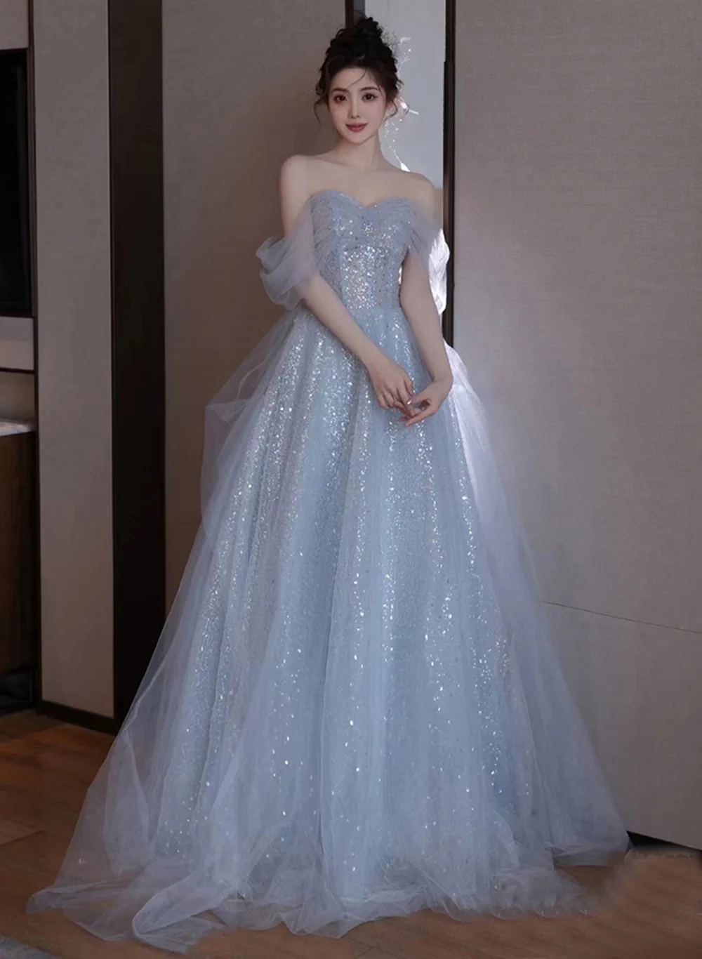 Custom Light Blue Tulle And Sequins Long Formal Dresses Main image