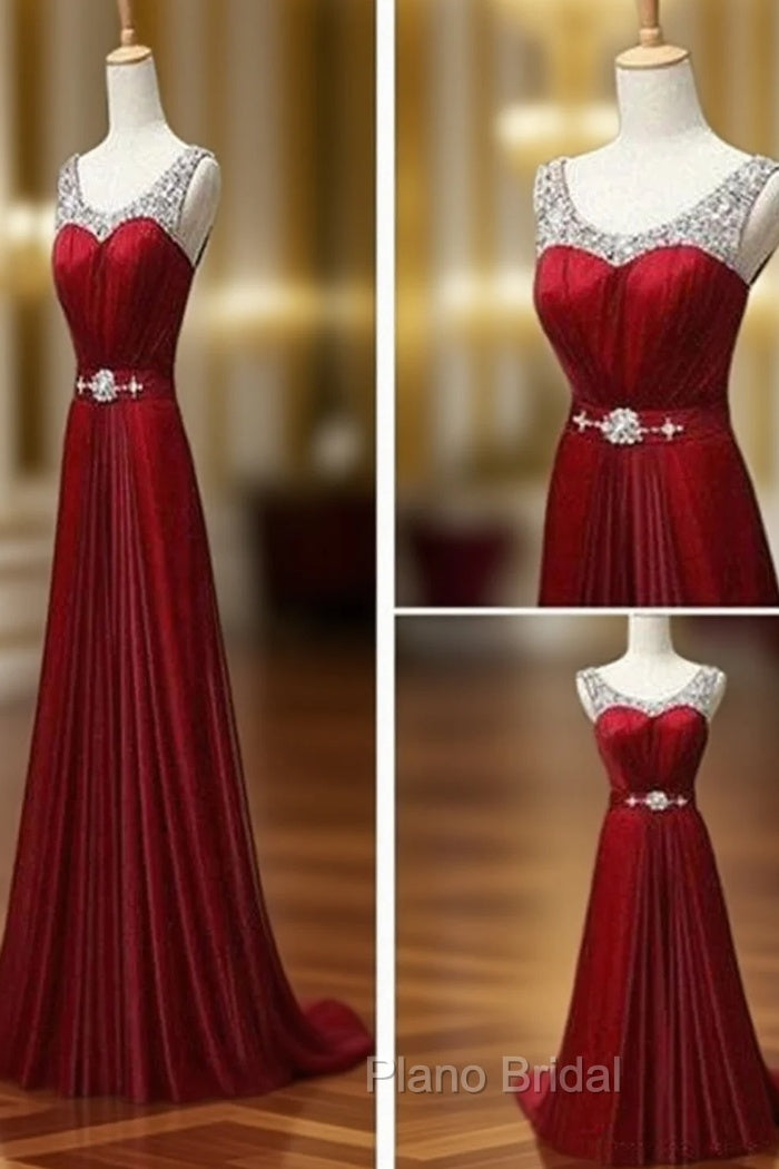 Custom Made A Line Dark Red Round Neck Long Formal Prom Dresses, Bridesmaid Dresses, Formal Dresses Main image