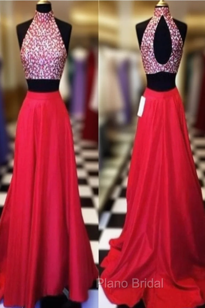 Custom Made A Line High Neck 2 Pieces Red Long Formal Prom Dresses, Long Red Formal Dresses