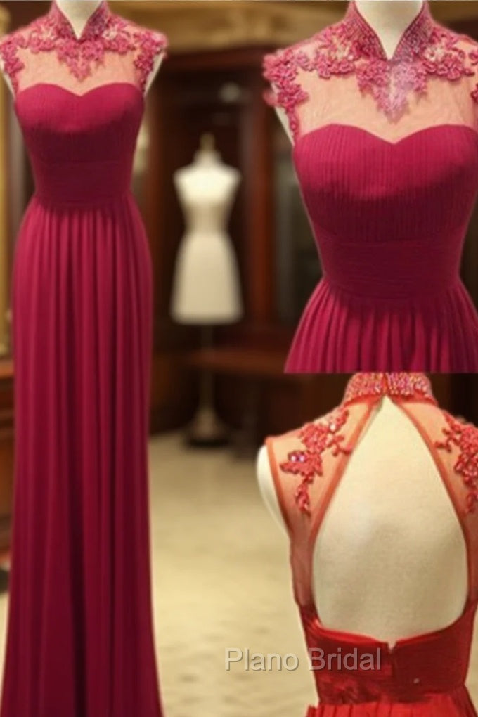 Custom Made A Line High Neck Backless Lace Formal Prom Dresses, Long Formal Dresses, Bridesmaid Dresses Main image