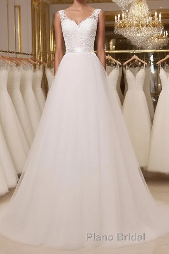 Custom Made A Line Round Neck Lace Tulle White Long Formal Prom Dresses, White Lace Formal Dresses, White Evening Dresses Main image