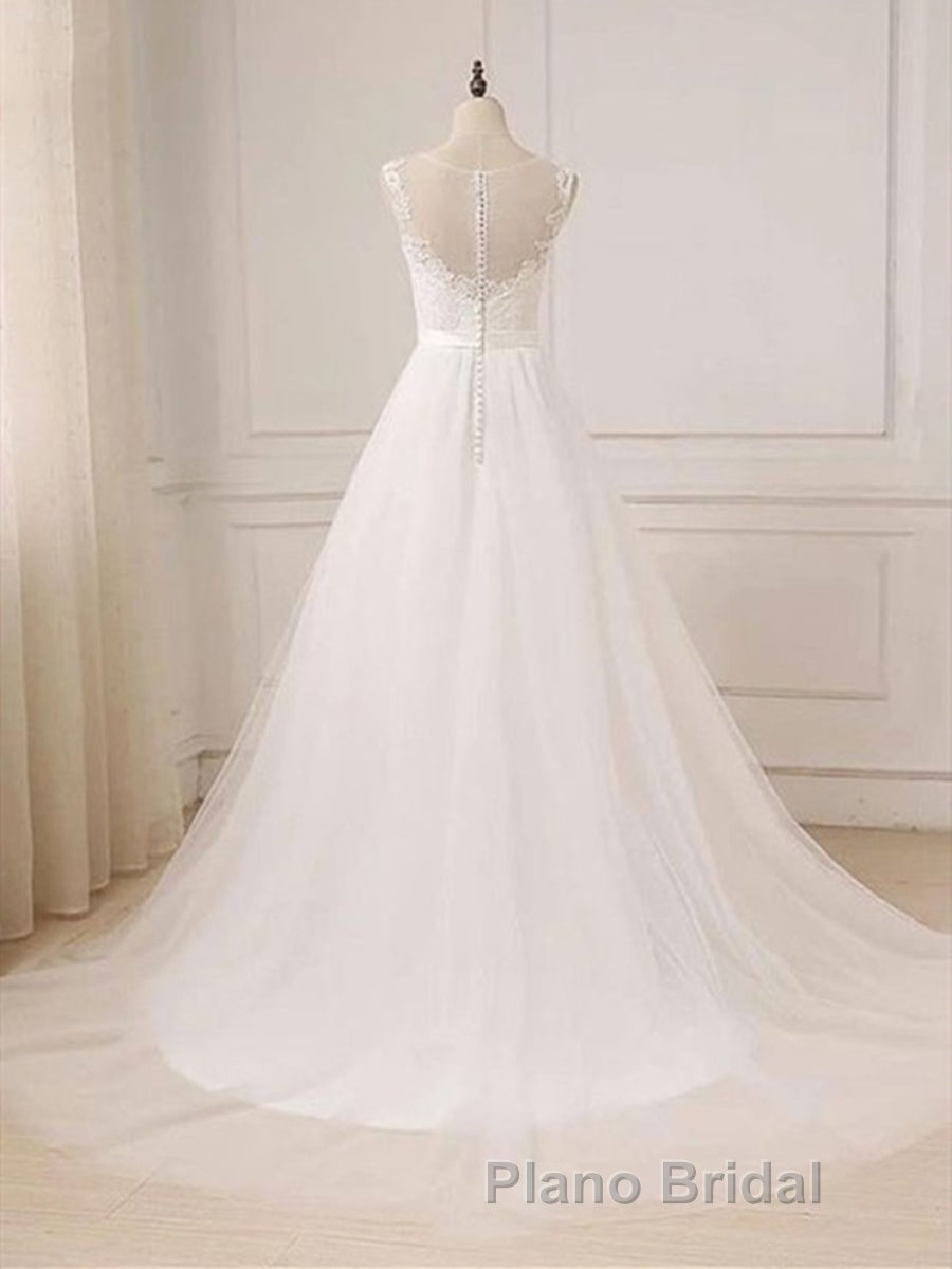 Custom Made A Line Round Neck Lace Tulle White Long Formal Prom Dresses, White Lace Formal Dresses, White Evening Dresses